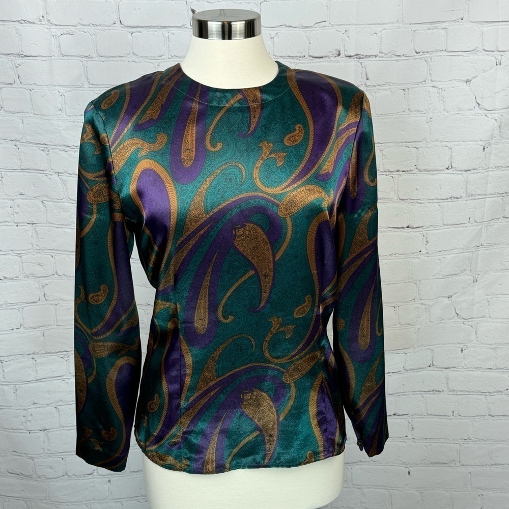 Stirling Cooper Vintage Long Sleeve Teal Paisley Blouse Size Medium